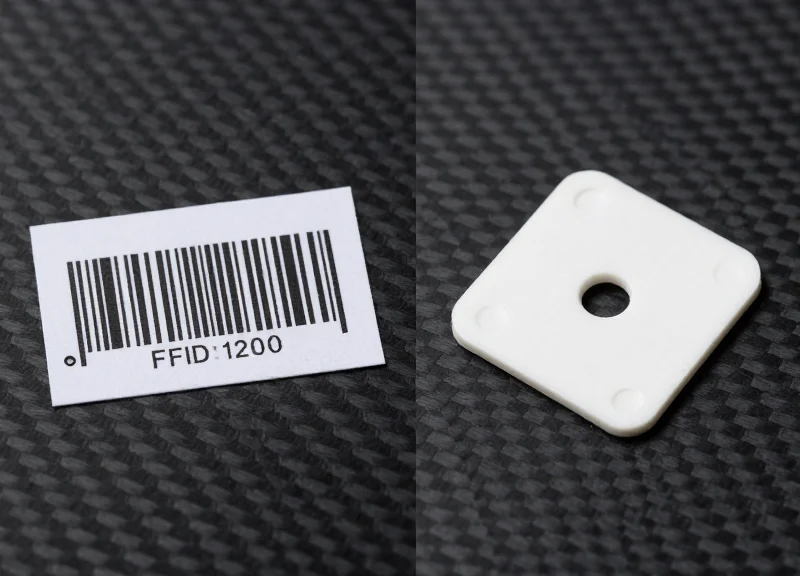 Side-by-side comparison of a traditional barcode label and a next-gen rugged RFID tag.