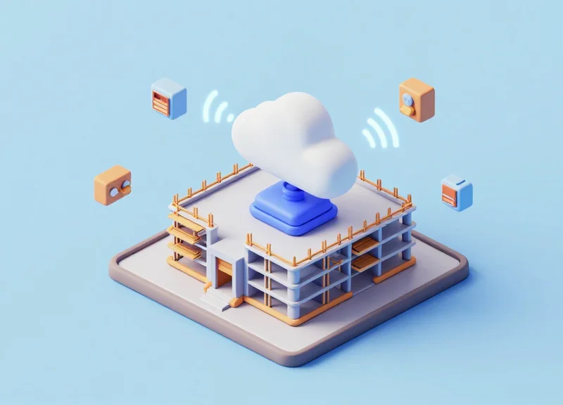 Isometric 3D model of a construction site showing tool integration with a digital building model.