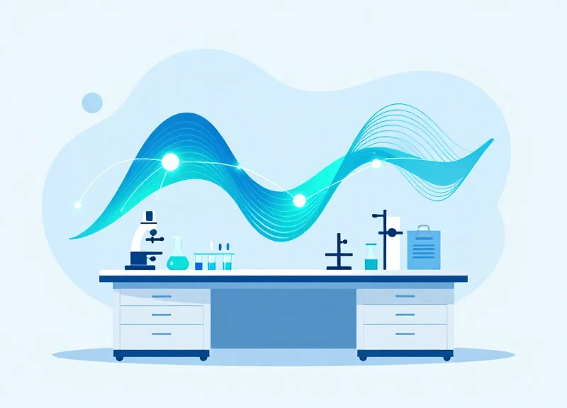 Flat vector illustration of a digital laboratory evolution with glowing connection points.