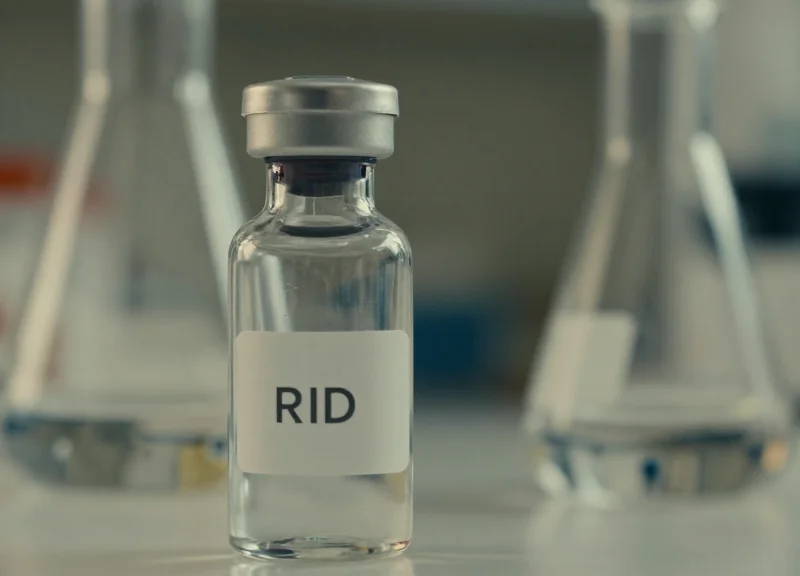 Close-up of a chemical reagent bottle with a durable RFID tag in a laboratory setting.