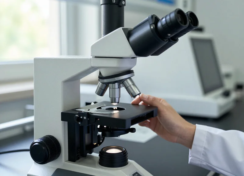 A scientist using a laboratory microscope with a discreet RFID tracking tag attached.