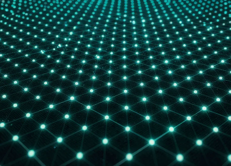 Abstract digital grid with glowing nodes representing 100% asset visibility