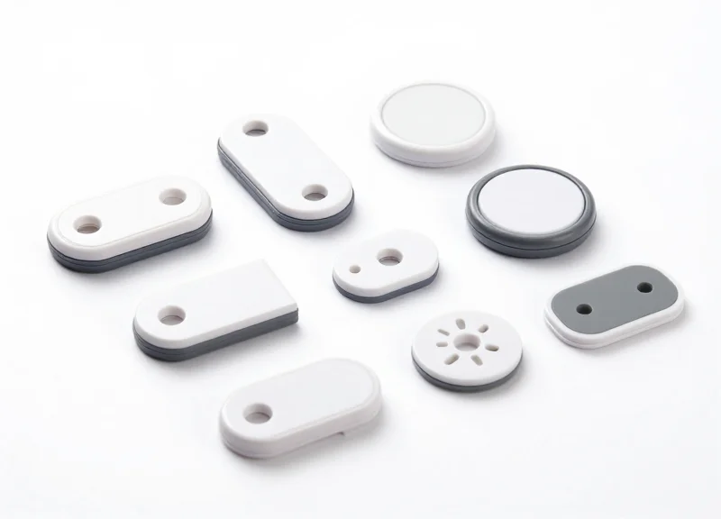 A variety of industrial RFID tags for laboratory equipment on a white background