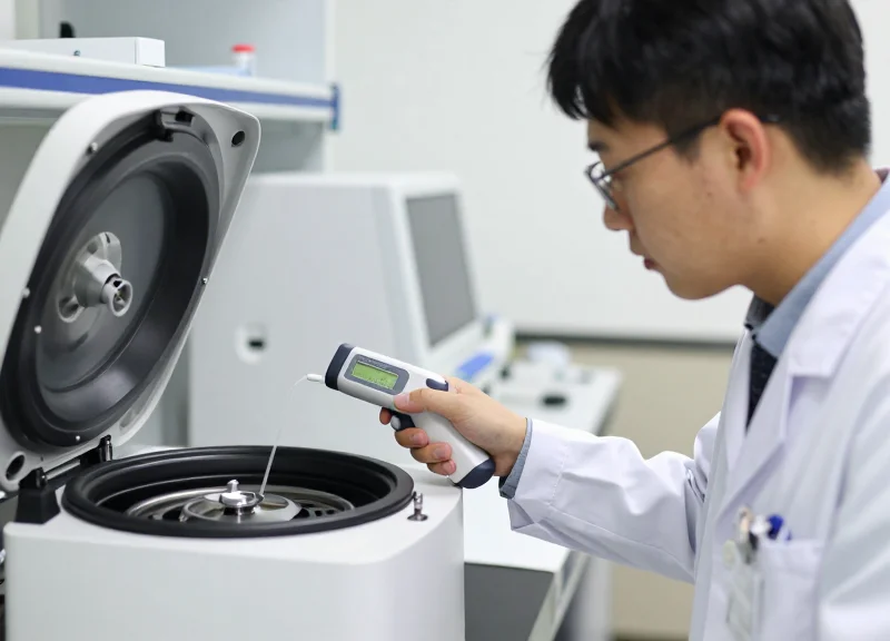 A lab technician testing a centrifuge using an RFID scanner