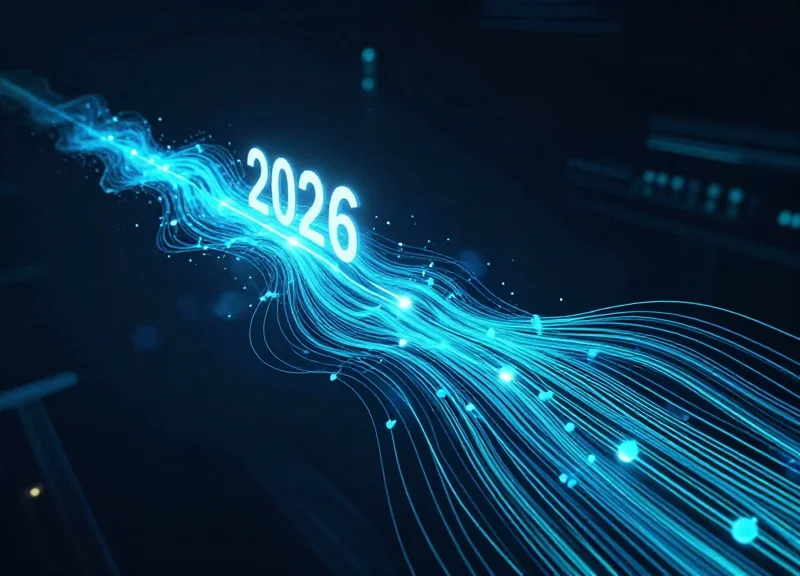 An abstract representation of laboratory standards evolving towards 2026 with glowing data streams and light trails.