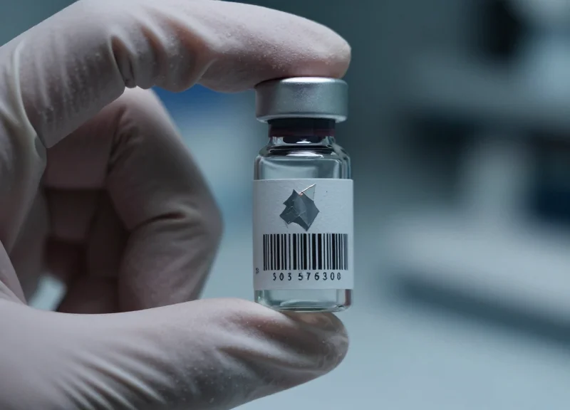A close-up of a laboratory technician's hand struggling to read a small, damaged barcode on a sample vial.