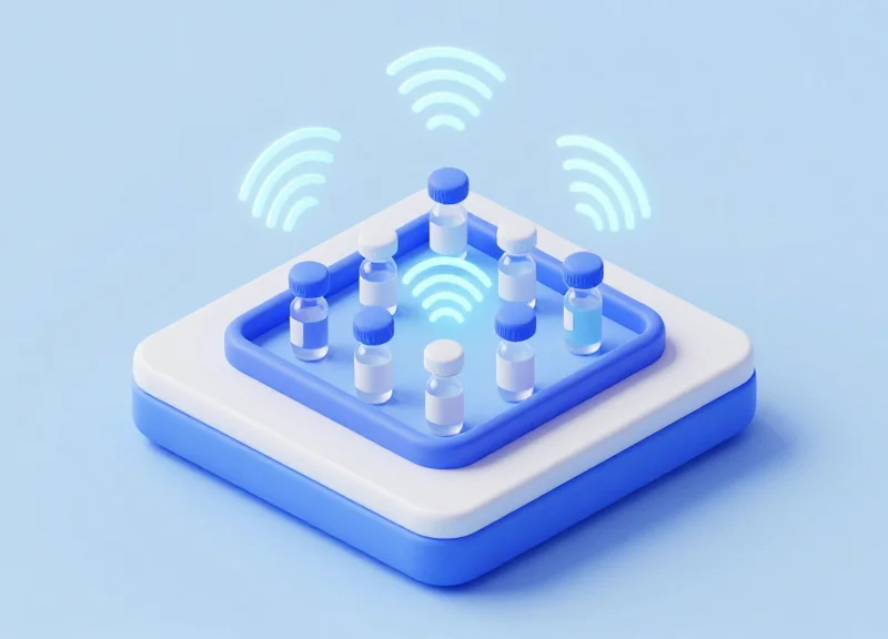 An isometric 3D view of a batch scanning station where a tray of vials is being read by RFID sensors.
