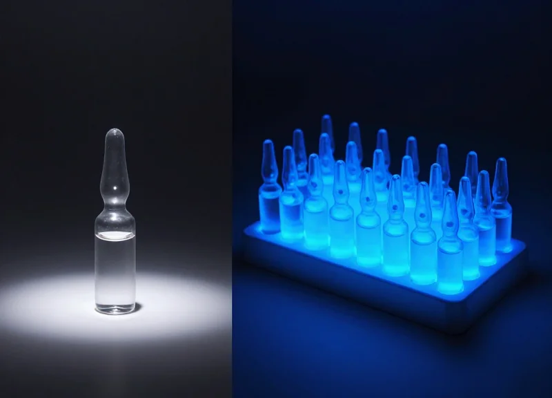 A split-screen comparison showing a single manual scanner vs a batch RFID tray scanning multiple items at once.