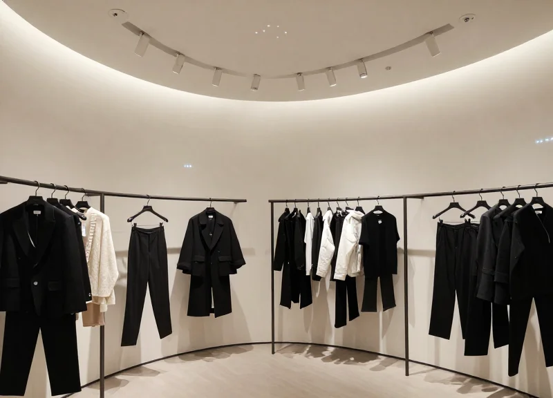 A modern 2026 fashion boutique with minimalist displays and integrated smart sensor technology.