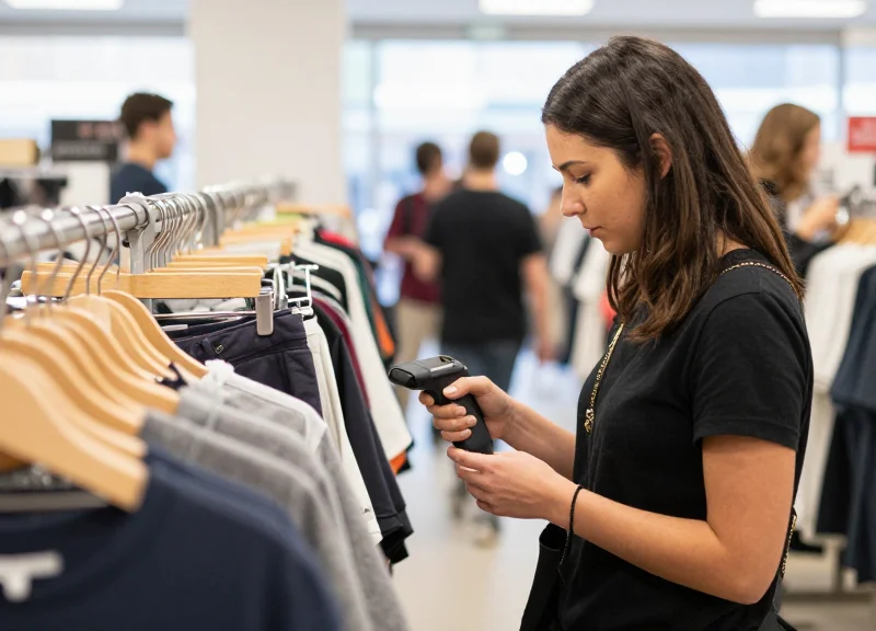 A busy high-volume retail floor where staff use digital tools to manage large volumes of garments.