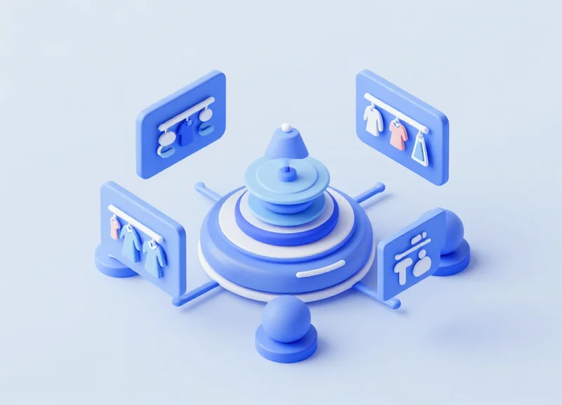 3D isometric model showing the connection between store inventory systems and digital price tags.