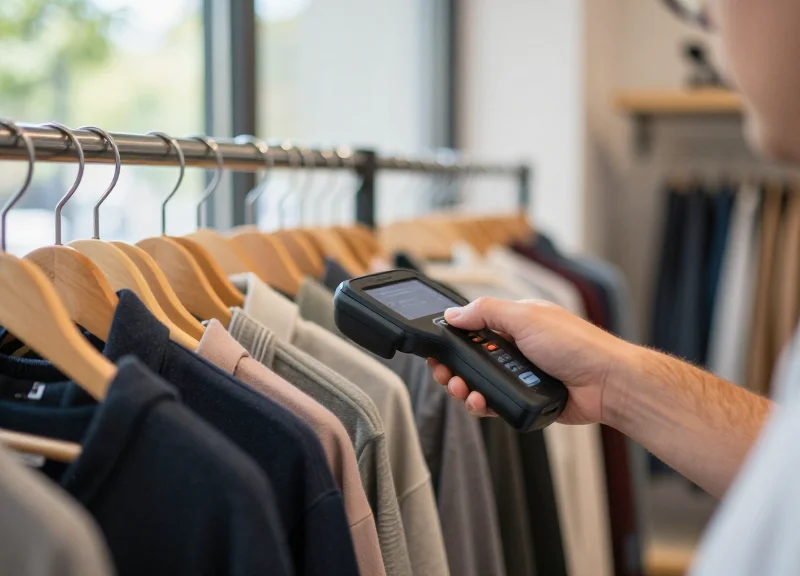 A retail worker using a mobile RFID reader to scan an entire rack of clothes instantly
