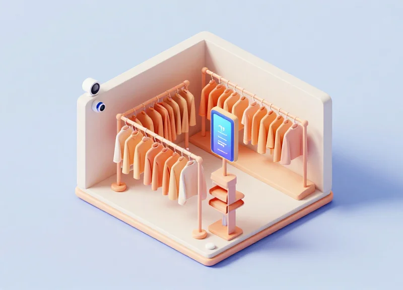 Isometric 3D model of a smart retail store showing integrated security and inventory systems.