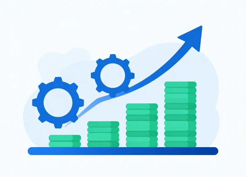Flat vector illustration of a person climbing a staircase of growth, representing business ROI.