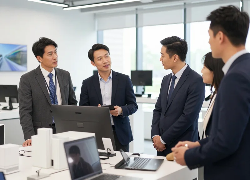 A professional business meeting in a high-tech showroom with experts discussing retail technology solutions.