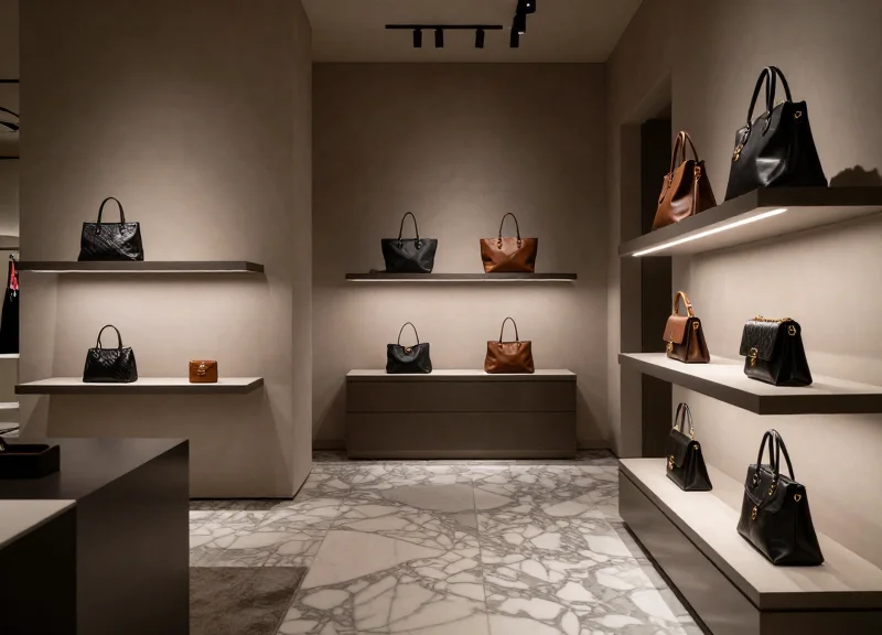 The interior of a high-end luxury fashion boutique with elegant lighting and expensive designer handbags on shelves.