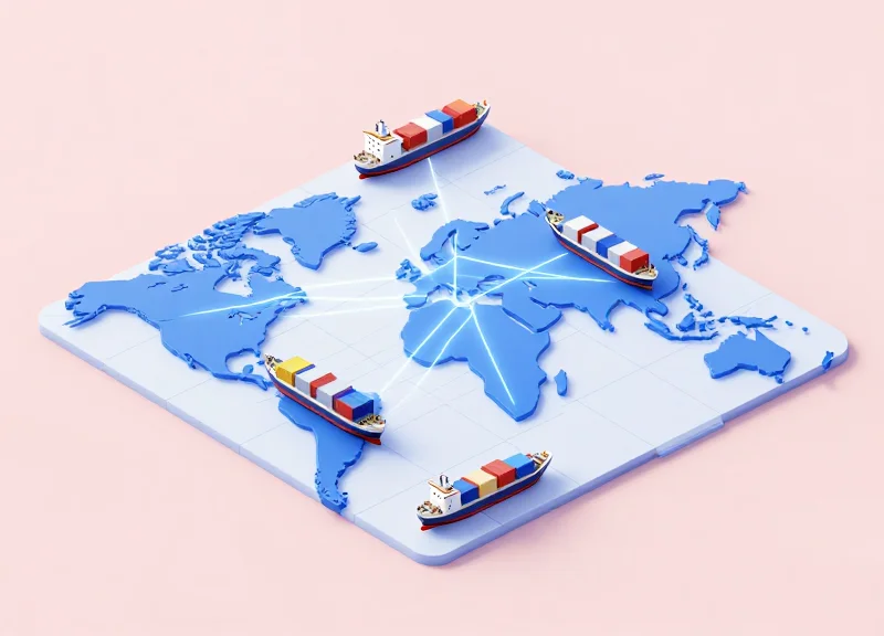 An isometric view of a global logistics network with cargo ships and shipping containers connected by digital lines.