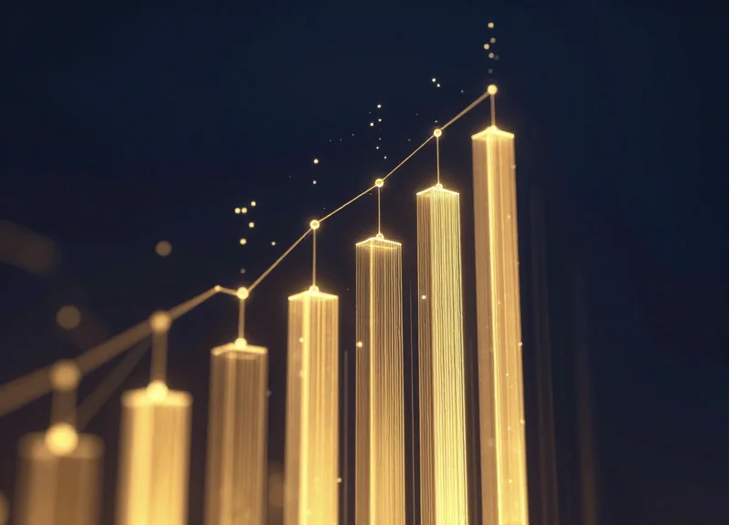 Abstract digital visualization of financial growth and rising data bars with glowing particles.