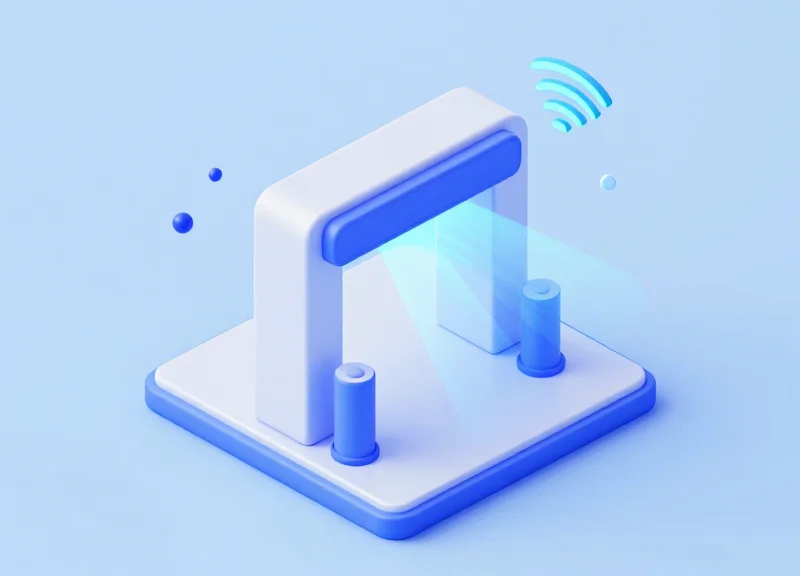 Isometric 3D model of a luxury store entrance showing a hybrid RFID security pedestal emitting invisible signals.
