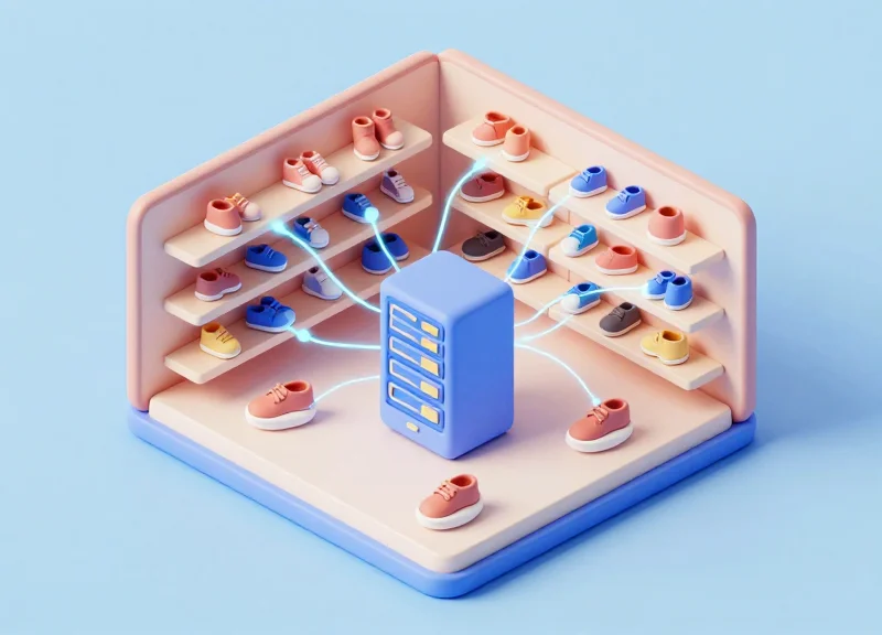 Isometric view of a retail floor where digital connections link shoes on shelves to a central database system