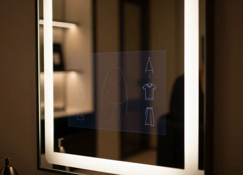 Futuristic smart mirror in a luxury fitting room with a glowing interface displaying abstract clothing icons