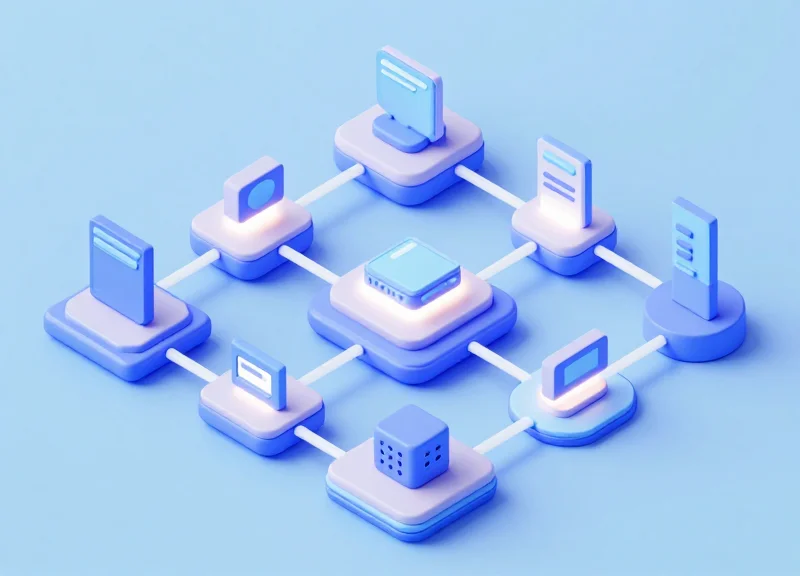 Isometric 3D model of interconnected retail system modules representing RFID, EAS, and ESL integration.