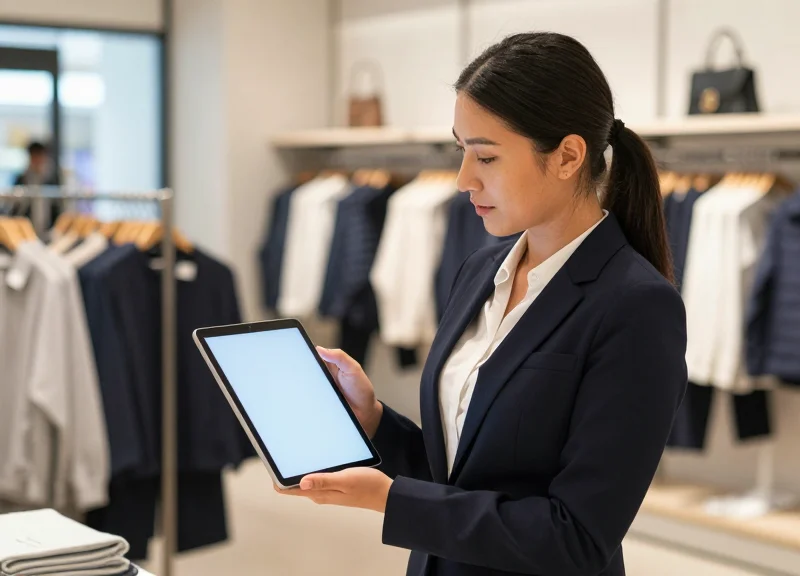 A store associate using a tablet device in a modern retail setting to manage stock efficiently.