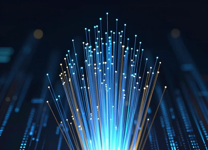 Abstract visualization of glowing digital data streams and nodes evolving in a futuristic space.