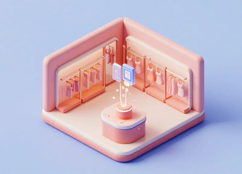 Isometric 3D model of a luxury boutique featuring smart fitting rooms and RFID data flow.