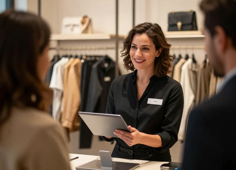 A retail consultant assisting a customer in a premium store with a tablet-based personalized service.