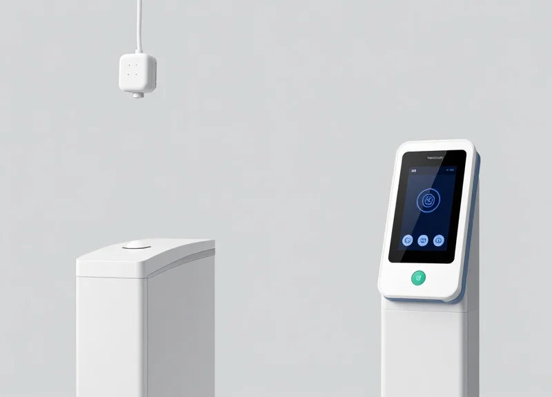 Visual comparison of a traditional footfall counter versus a modern RFID sensor terminal.