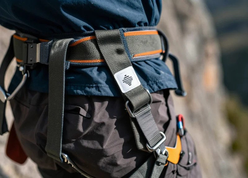 Close-up of high-performance mountain climbing equipment including a rugged rope and carabiner with a durable RFID tag attached, in a natural outdoor setting.
