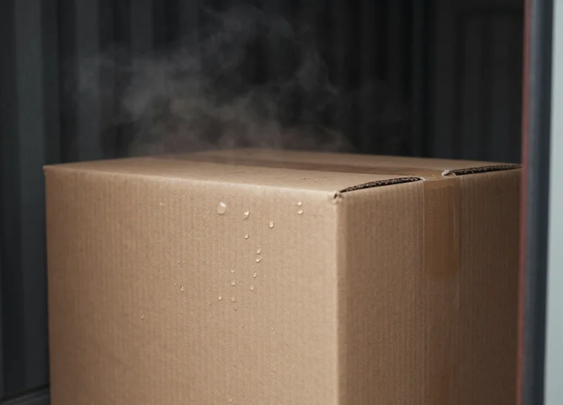 Close-up of water droplets and mist on a cardboard shipping box in a shipping container environment.