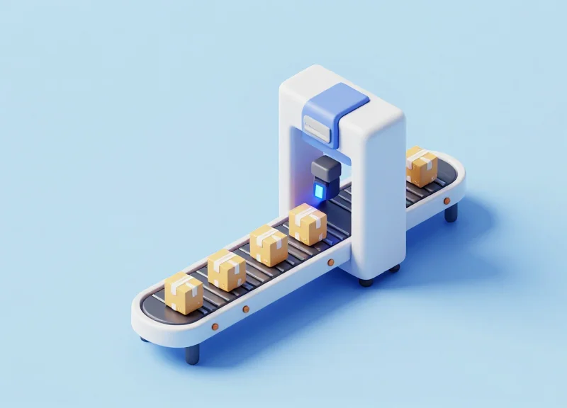 Isometric 3D model of an automated package scanning station with glowing connection lines.