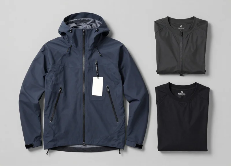Flat lay photography of outdoor adventure gear including a jacket with a hang-tag.