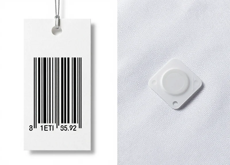 Comparison between a traditional paper barcode and a modern fabric-embedded RFID chip.