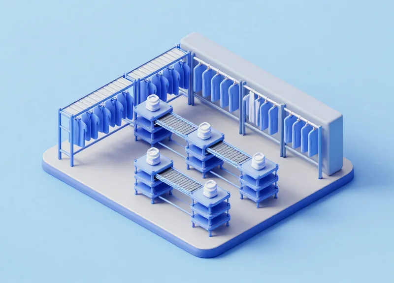 Isometric 3D model of a complex multi-layered apparel logistics warehouse system.