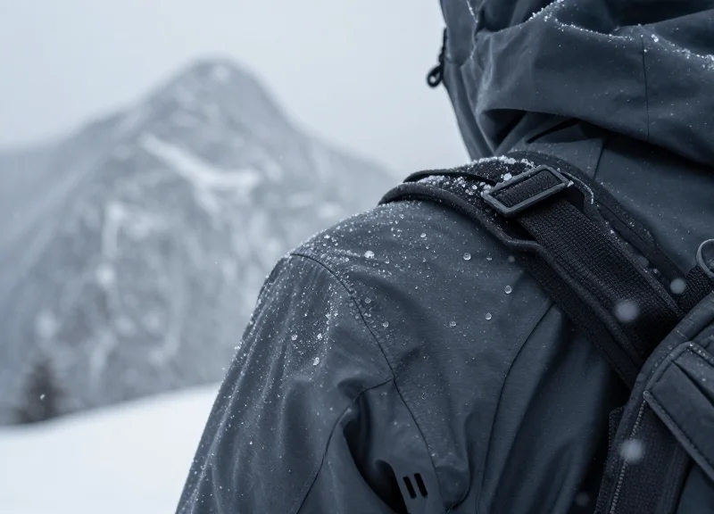 Close-up of a high-performance waterproof jacket in harsh mountain conditions.