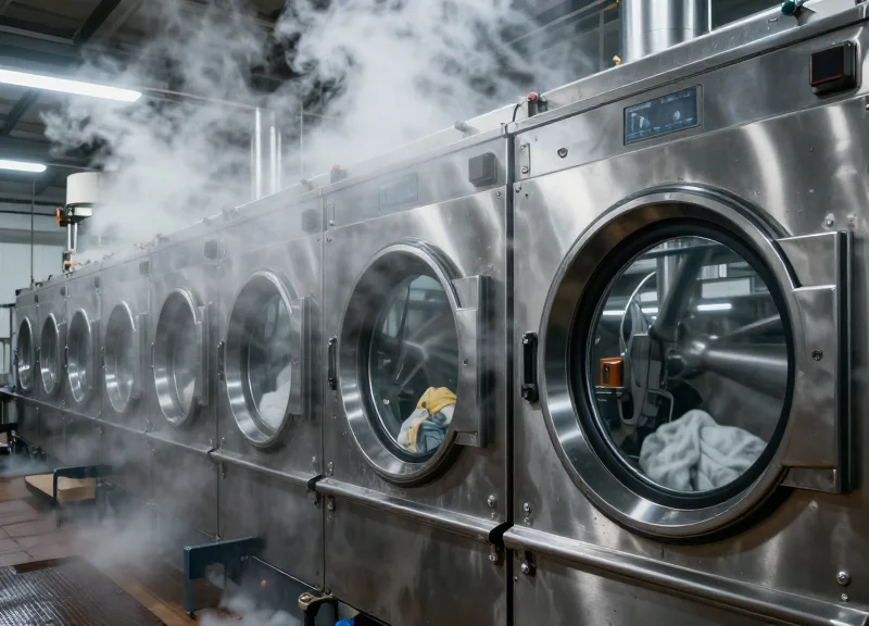Large industrial washing machines in a commercial laundry facility with steam and movement