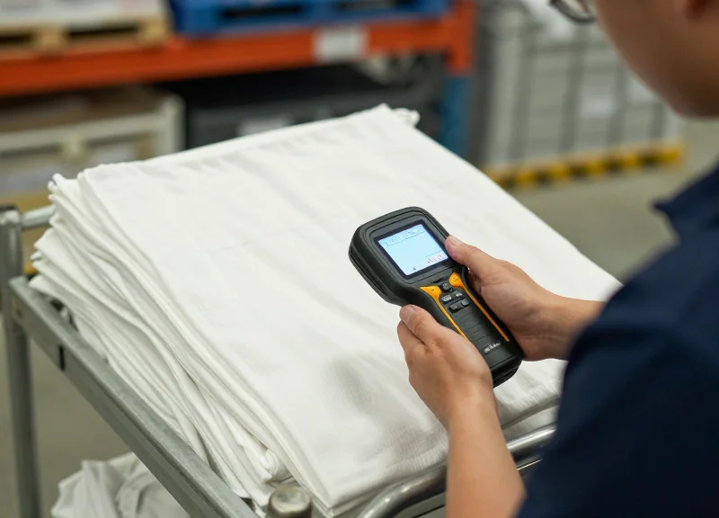 An industrial worker using a handheld RFID scanner on a pile of hospital linens