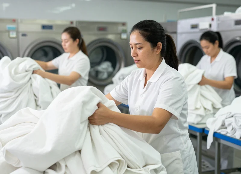 Commercial laundry workers manually sorting large piles of white bed linens in a professional laundry facility