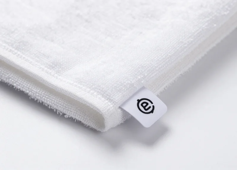 Macro close-up of a small flexible RFID laundry tag embedded in a white fabric towel corner