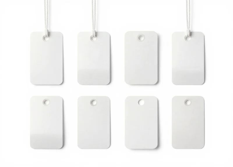 A group of industrial-grade RFID laundry tags in different shapes and sizes on a white surface