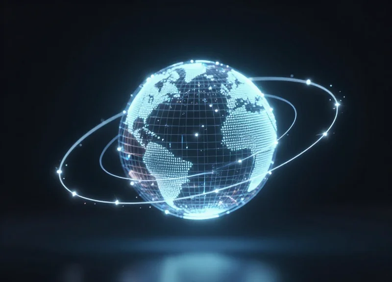 Futuristic conceptual art of a glowing golden sphere with orbiting data nodes representing return on investment