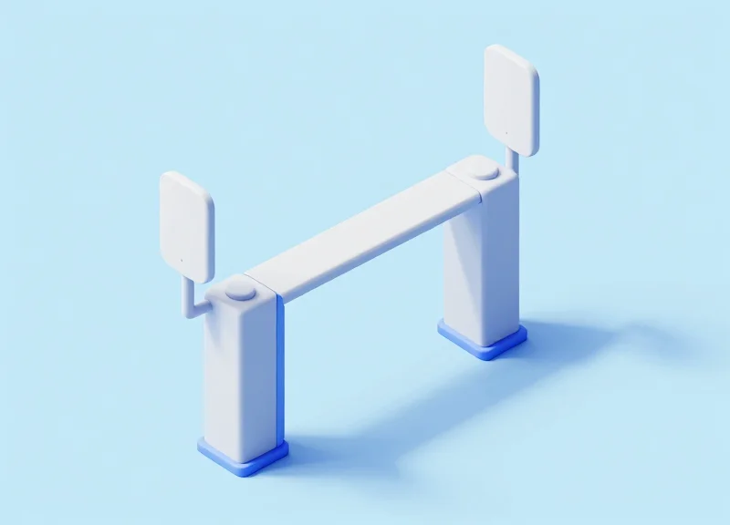 Isometric view of RFID antennas strategically positioned at different angles on a scanning frame.