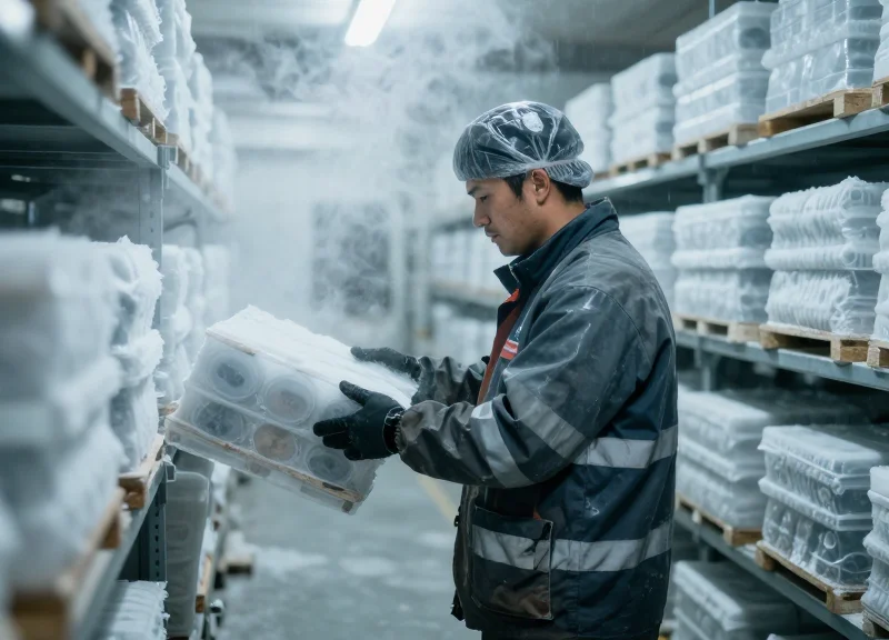 Worker in a cold storage warehouse with mist scanning palettes with RFID equipment.