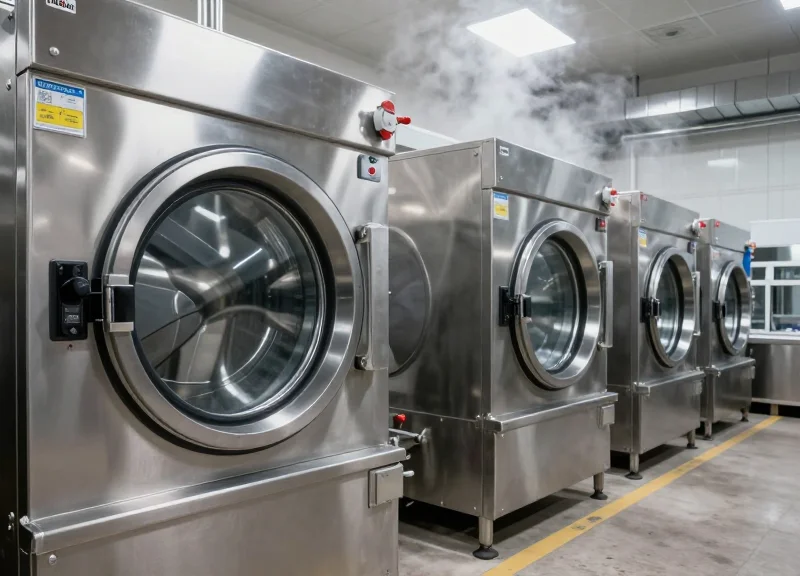Industrial-scale washing machines in a professional laundry facility.