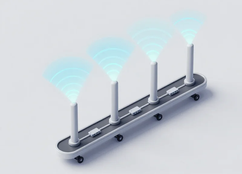 Isometric 3D model of a production line section showing antenna placement and signal coverage zones.