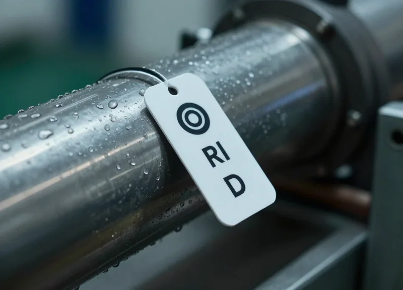 Close-up of RFID hardware operating near metal components and liquid containers in an industrial setting.