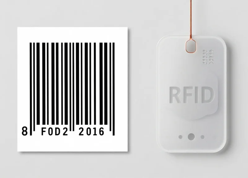 Side-by-side comparison of a traditional paper barcode and a modern translucent RFID inlay tag on a neutral background.
